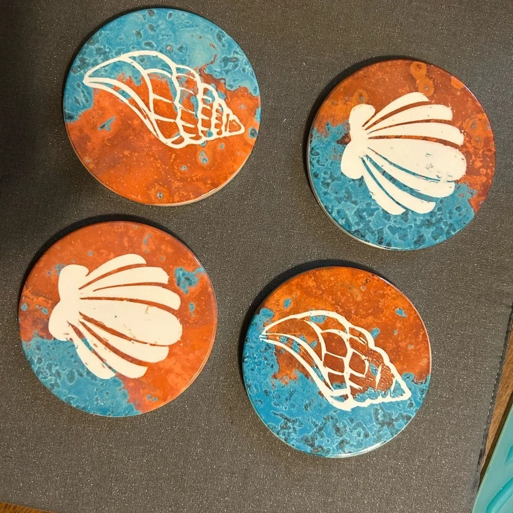 Seashell ceramic Coasters Set of 4 Blue orange‎ New